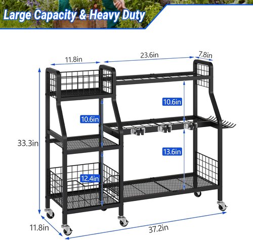 Keomaisyto Garden Tool Organizer - Heavy Duty Metal Storage with 6 Wheels & 2 Baskets | Ideal for Garage, Shed & Yard
