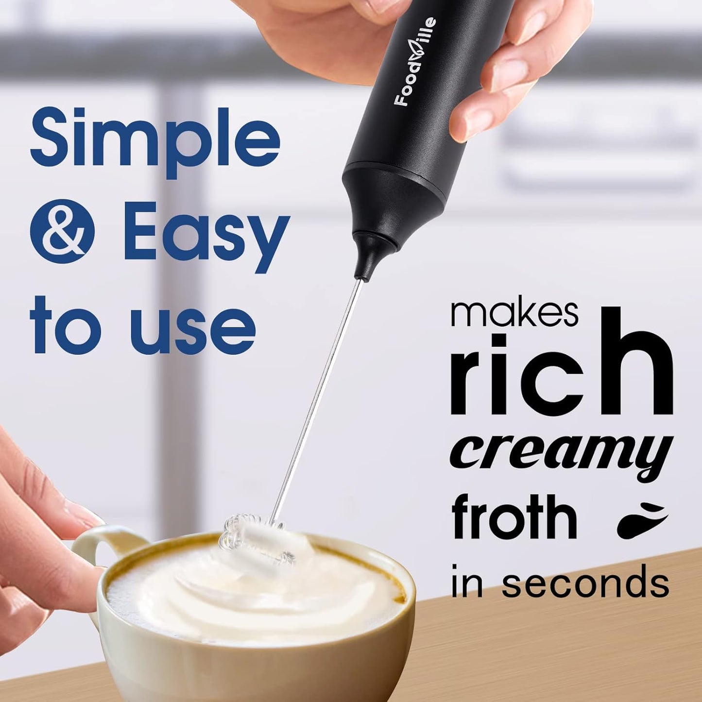 MF05 Rechargeable Milk Frother - USB Handheld Foam Maker with Stainless Whisk for Cappuccino & Latte (Black)