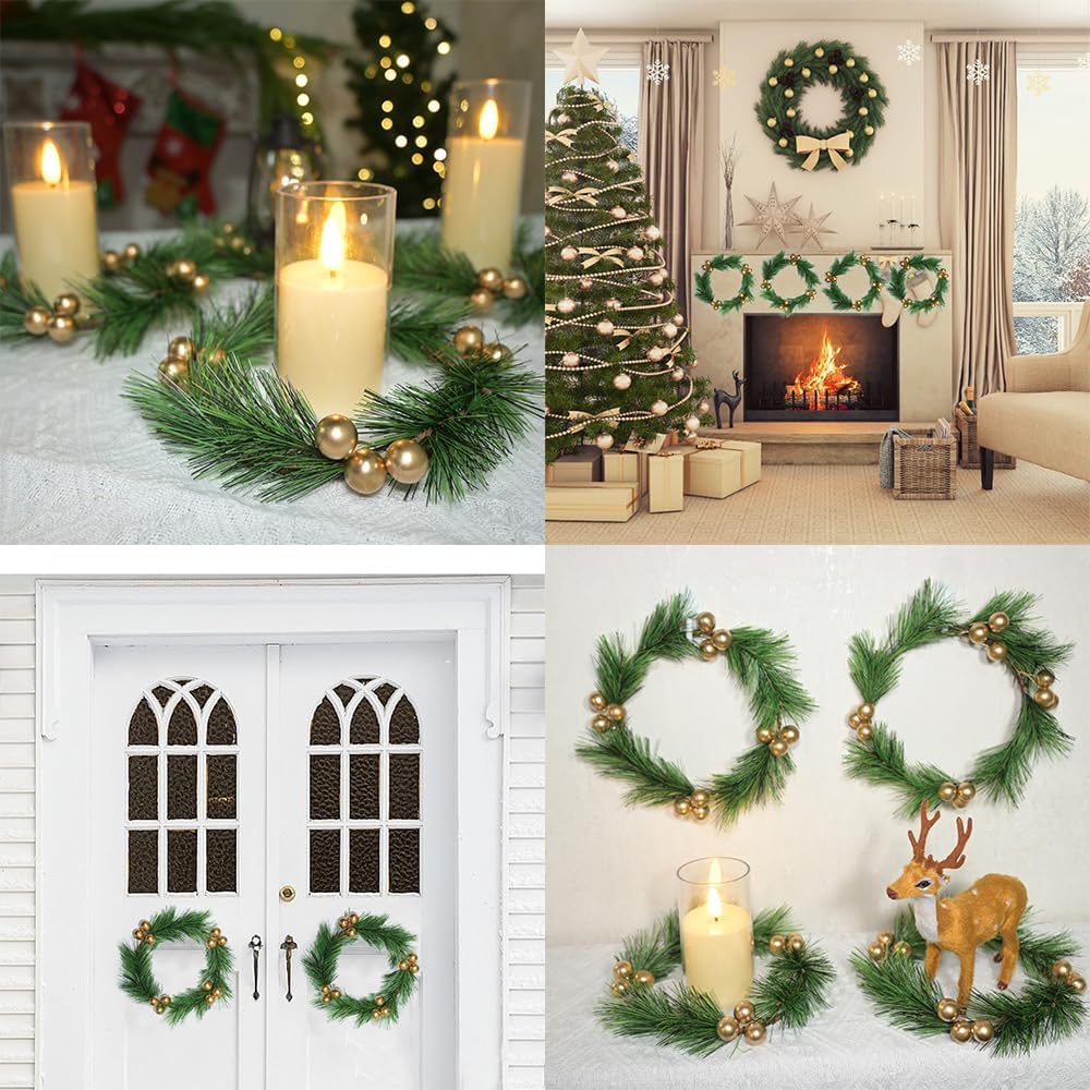 Skiennix Christmas Candle Rings - Artificial Golden Berries & Pine Needles | 4-Piece Wreath Set for Festive Table Decor