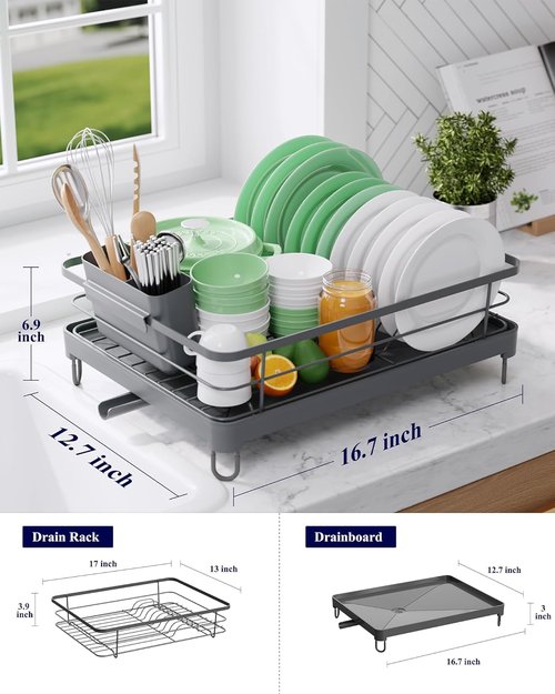 Kitsure Dish Drying Rack - Stainless Steel Kitchen Organizer with Cutlery Holder | 12.7''W x 16.7''L, Grey