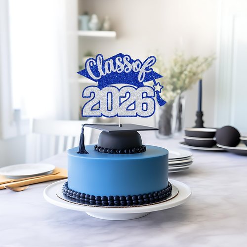 Class of 2026 Cake Topper - Glitter Graduation Decor for High School, College & University - Blue & Silver