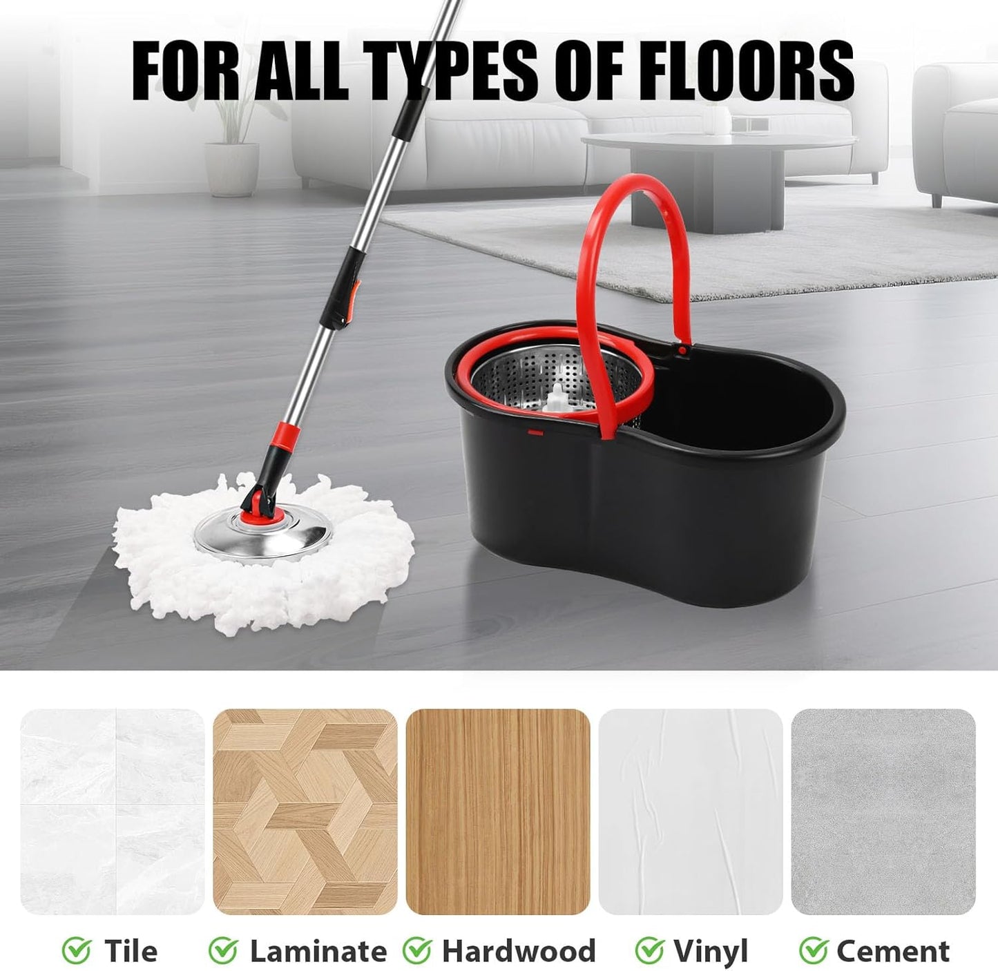 Skiennix Spin Mop and Bucket Set - 360° Cleaning System with 3 Microfiber Refills & 50" Handle | Black