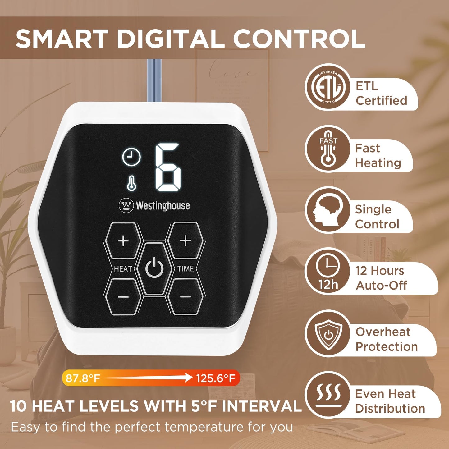 Westinghouse Heated Blanket Twin Size, Electric Heating Blanket with 10 Heating Levels, 1-12 Hours Auto Shut Off, Fast Heating Warming Blanket, Machine Washable (Twin, 62x84 Inches, Navy Blue)