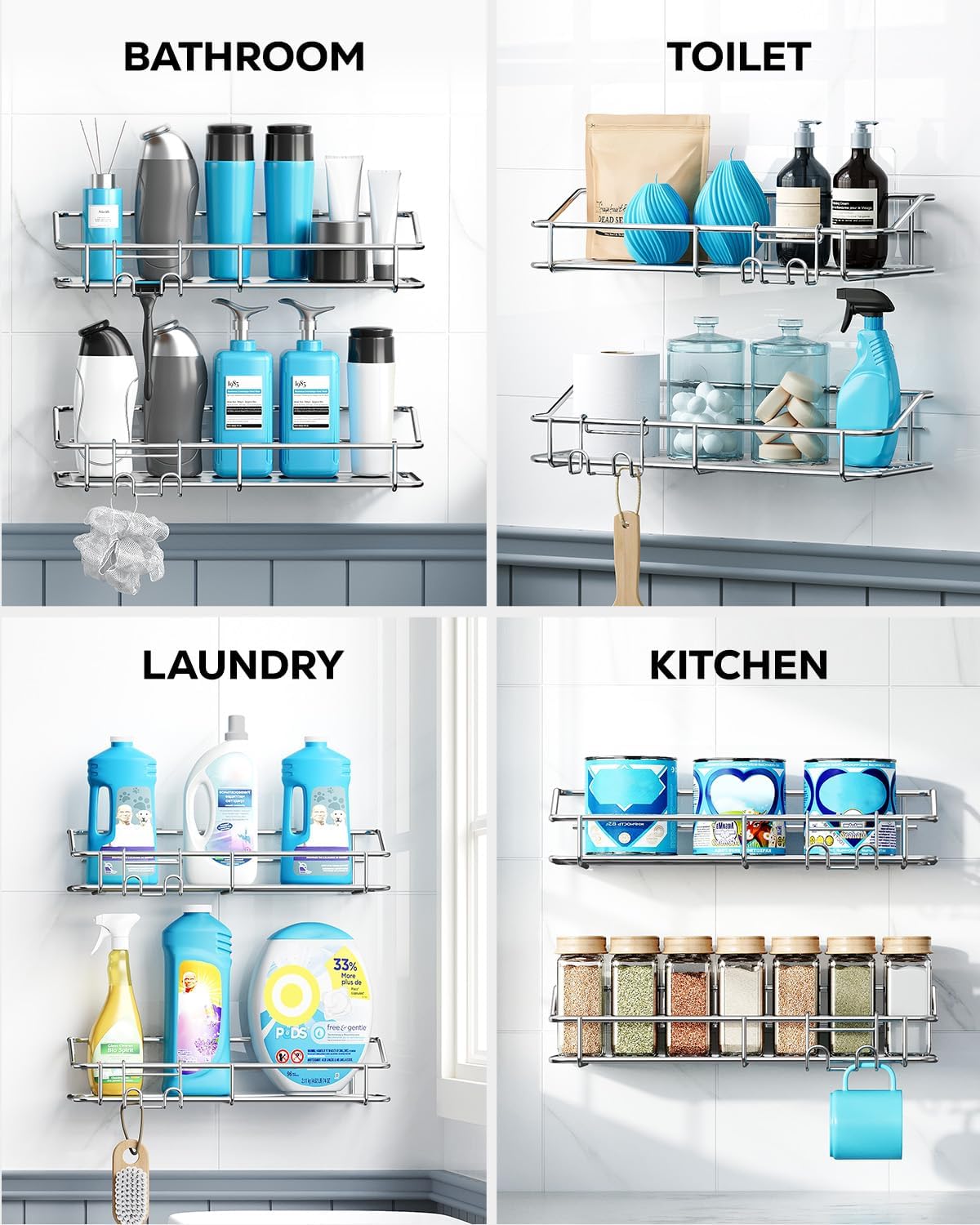 Nieifi Shower Caddy Shelf | Adhesive Stainless Steel Storage Rack with Hooks - 2 Pack for Bathroom & Kitchen