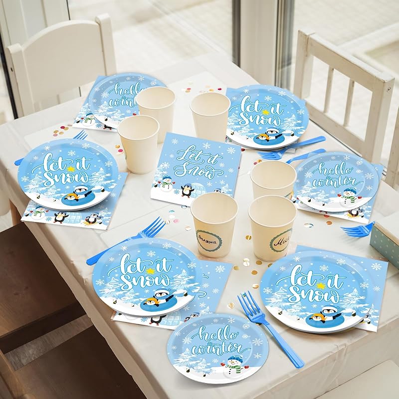 Let It Snow Winter Party Dinnerware Set 96 PCS - Plates, Napkins & Forks with Snowman Penguin
