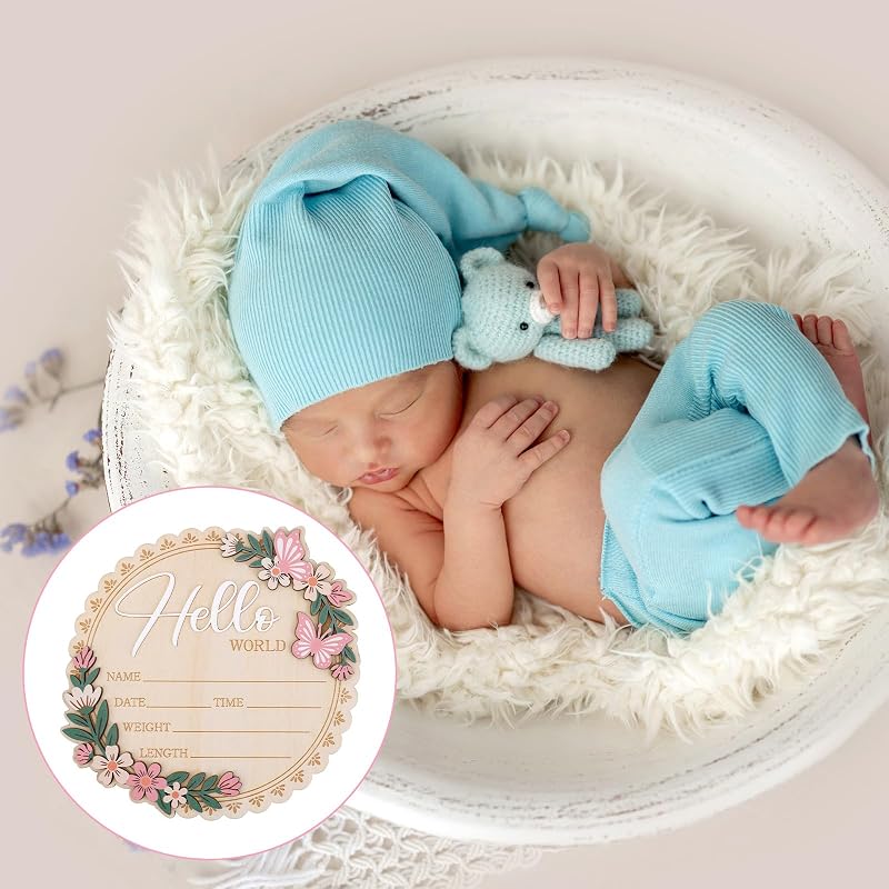 Wooden Newborn Announcement Sign with Pen - Hello World Nursery Keepsake 15x15cm