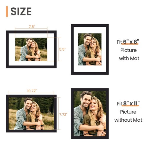 upsimples 8x11 Picture Frame, Display Pictures 6x8 with Mat or 8x11 Without, Wall Hanging Photo Frames, Black, 1 Pack