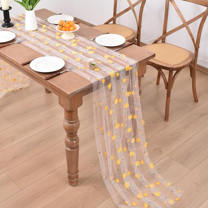 Yellow Floral Gauze Table Runner, 28x120 inches - Embroidered Boho Home Decor (Variation: Yellow+3)