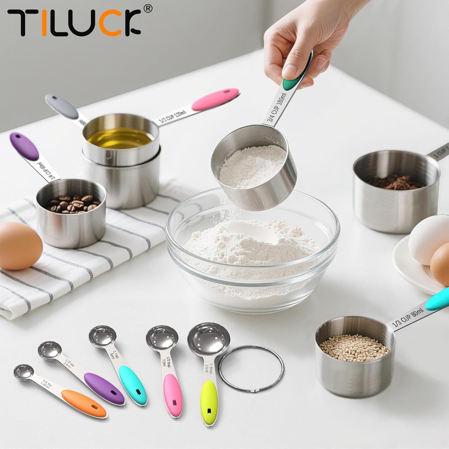 TILUCK Stainless Steel Measuring Cups & Spoons Set - Essential Kitchen Utensils for Cooking & Baking (12-Piece)