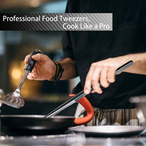 JETKONG 12-Inch Stainless Steel Kitchen Tweezers - Precision Serrated Tips for BBQ & Plating