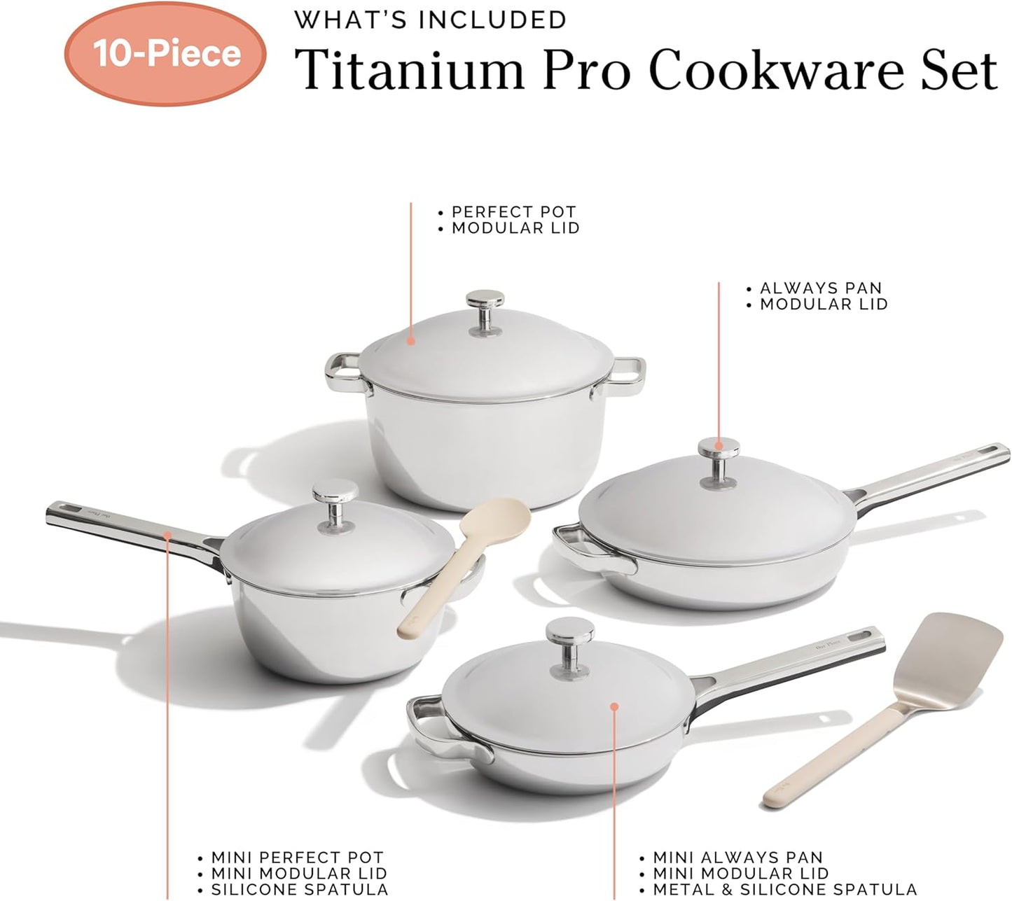 Our Place Titanium Pro Cookware Set - 10-Piece Non-Toxic Pots and Pans | Induction & Oven-Safe Up to 1000°F | Chrome Finish