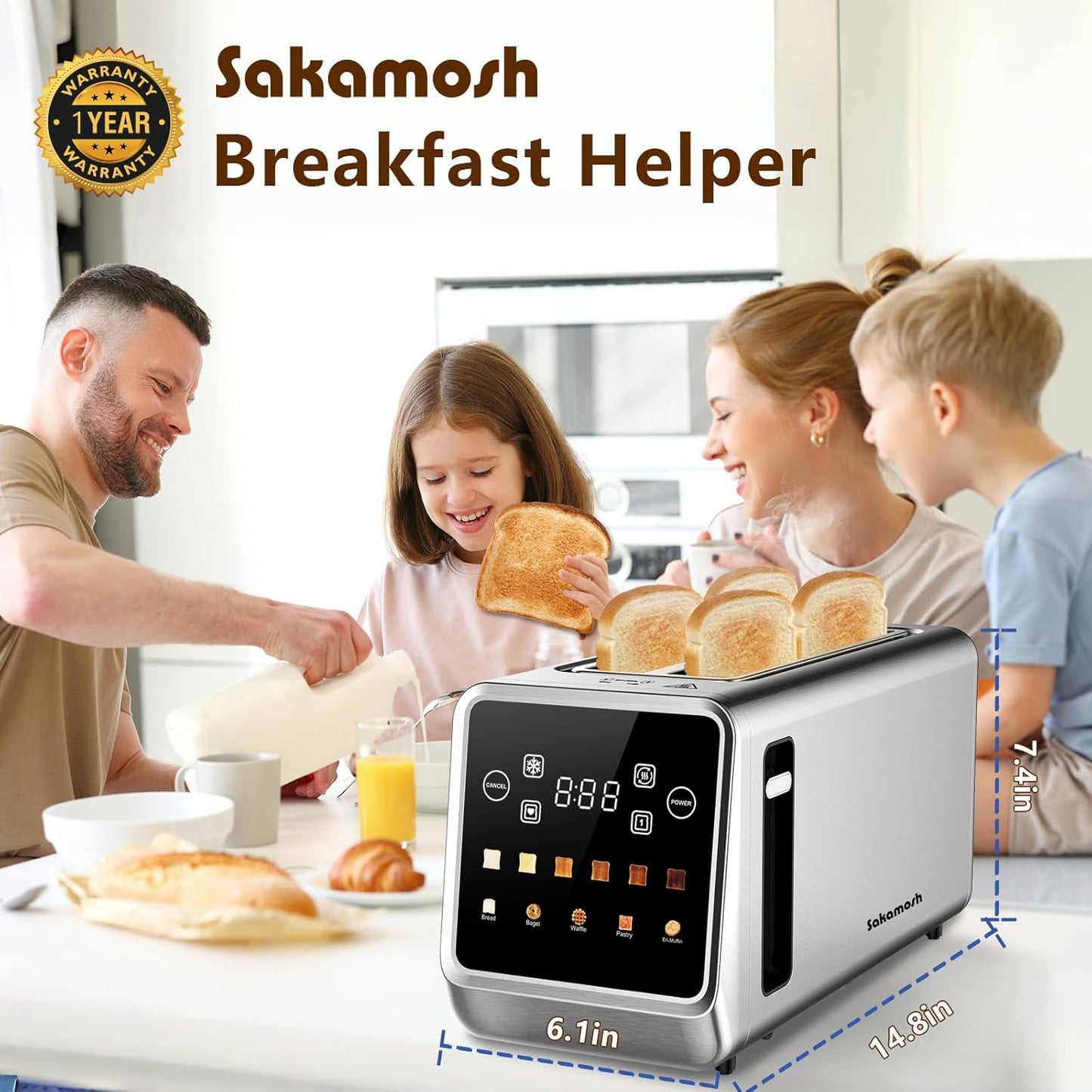 SAKAMOSH 4-Slice Smart Toaster - Touch Screen, 6 Browning Levels, Extra Wide Slots, Stainless Steel