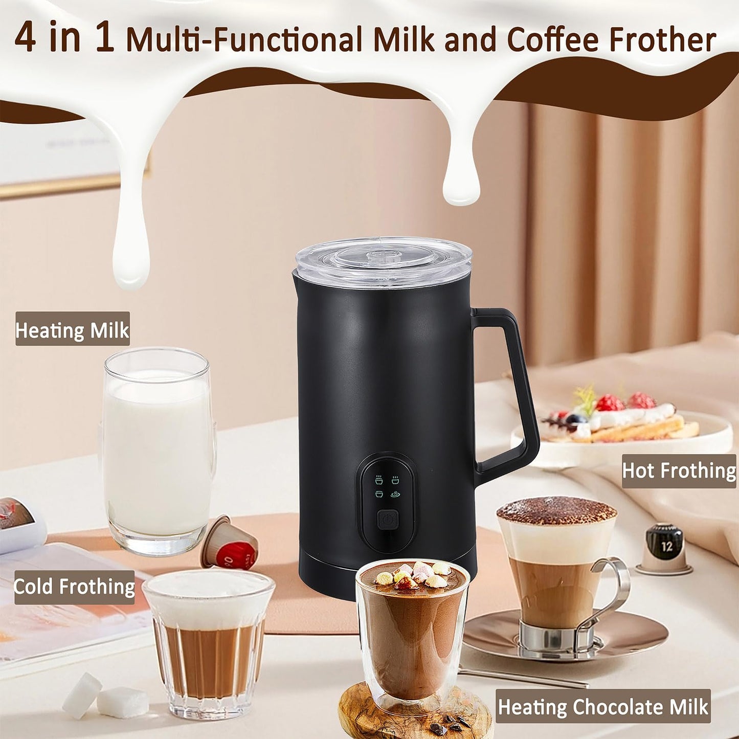 Milk Frother, Coffee Frother, 4-in-1 Milk Frother and Steamer, Automatic Warm and Cold Electric Frother, Hot and Cold Foam Maker and Milk Warmer for Coffee, Latte, Cappuccino, Macchiato,Hot Chocolate