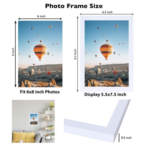 JCJMY 6x8 Picture Frame White for Wall Hanging or Tabletop, Wall Mounting Horizontally or Vertically, 6 x 8 Wall Gallery Poster Photo Frame with Shatter Resistant Plexiglass, White