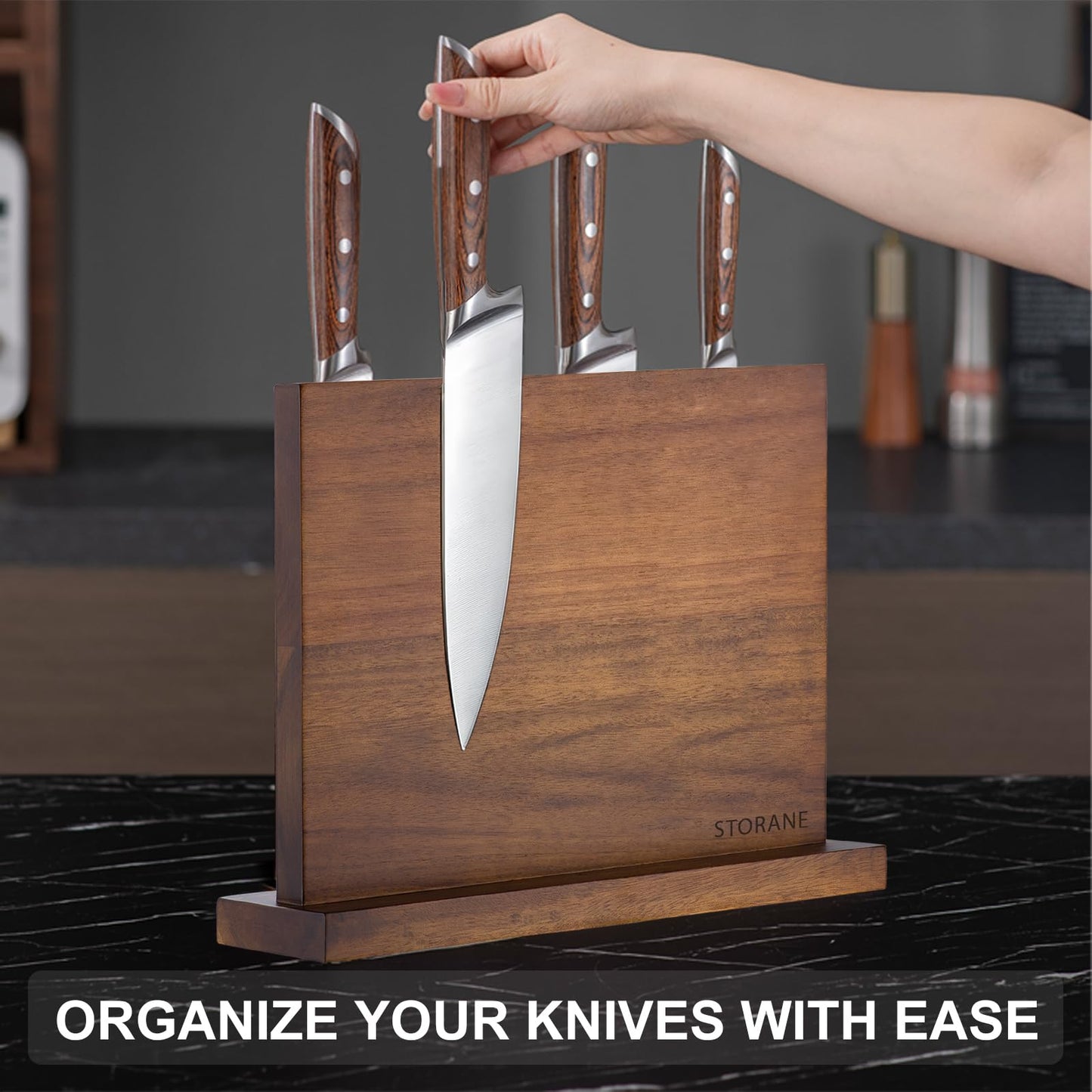 Magnetic Knife Block Acacia Wood -Double Sided Magnetic Knife Holder Rack for Kitchen Counter -Universal Knife Block Without Knives Wooden Multifunctional Storage Fully Assembled (12 x 10 inches)