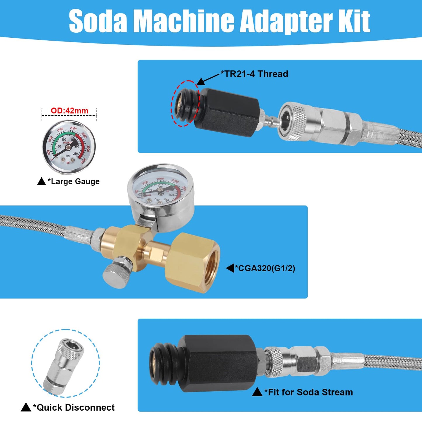 Soda Maker Adapter Soda Maker Connector with Larger Pressure Gauge, CO2 Tank CO2 Cylinder Adapter with Stainless Steel Hose, CGA320 to TR21-4 Carbonated Water Maker for Fizzi One Touch Jet Ninja