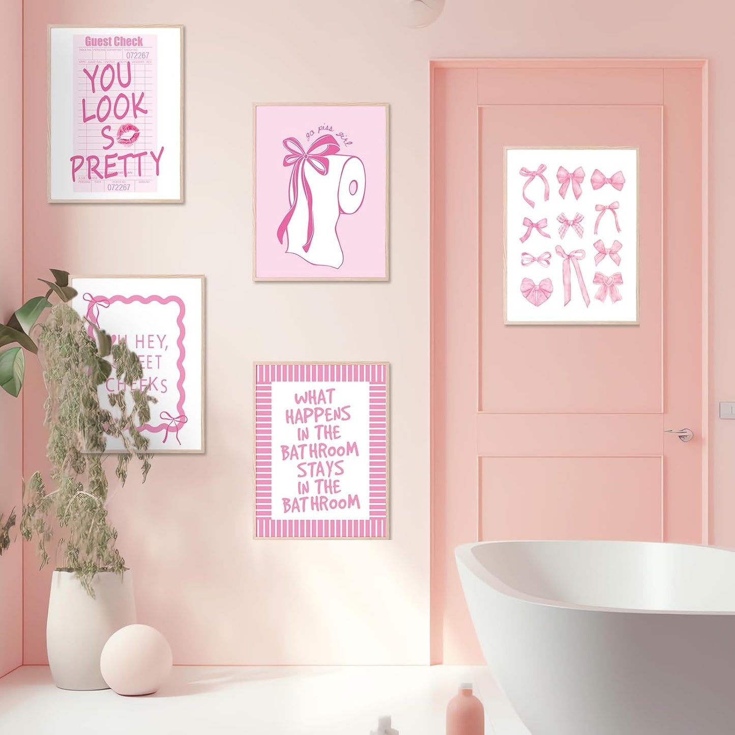 Whaline 6Pcs Pink Bow Bathroom Wall Art Prints - Coquette 8x10 Inch Unframed Decor for Washroom