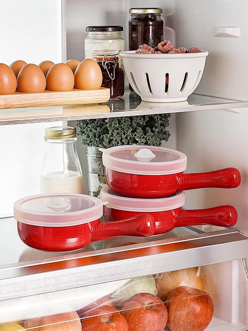 LE TAUCI Soup Bowls - Non-Toxic Ceramic with Silicone Lids & Handles | 15 Oz Set of 2 in Red