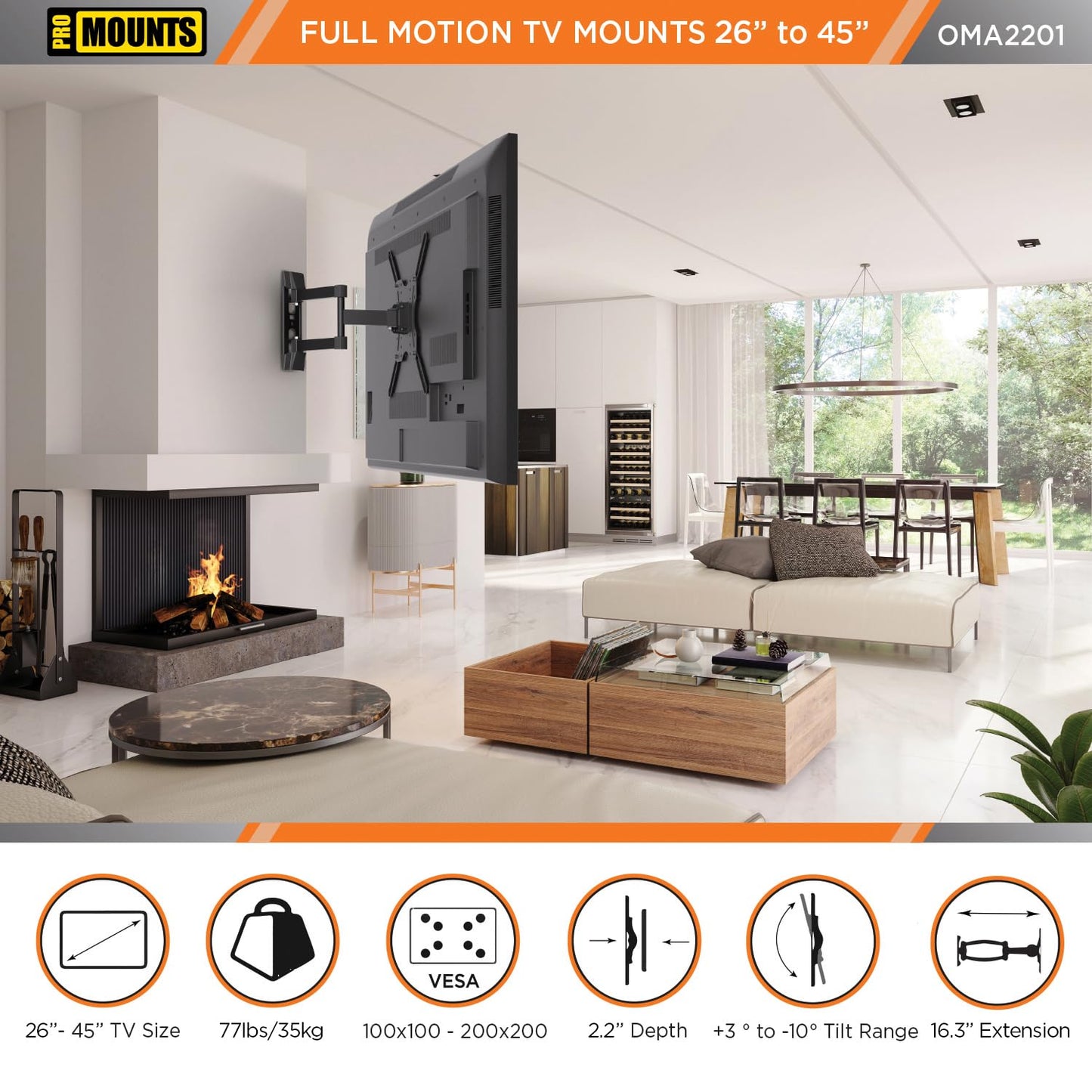 ProMounts Articulating/Full Motion Heavy Duty TV Wall Mount Bracket for 26-45 Inch LED, LCD Plasma Flat and Curved TV Screens, Holds Up to 77 lbs, Max VESA 200x200