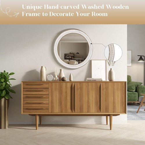 fuxuiwy 24 inch Round Rustic Wooden Mirrors, Distressed Circle Mirror for Bathroom, Bedroom, Living Room, Entryway, Fireplace, Hall