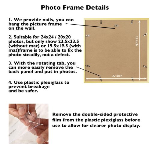 JCJMY 24x24 Picture Frame Gold with 20x20 Mat, Display Photo 20x20 with Mat or 24 x 24 Without Mat, Wall Hanging Large 24x24 Poster Frame with Shatter Resistant Plexiglass, Gold
