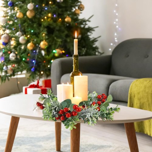 Daifunli Mini Wreaths - 8 Pcs 10-Inch Christmas Candle Rings with Red Berries & Eucalyptus Decor