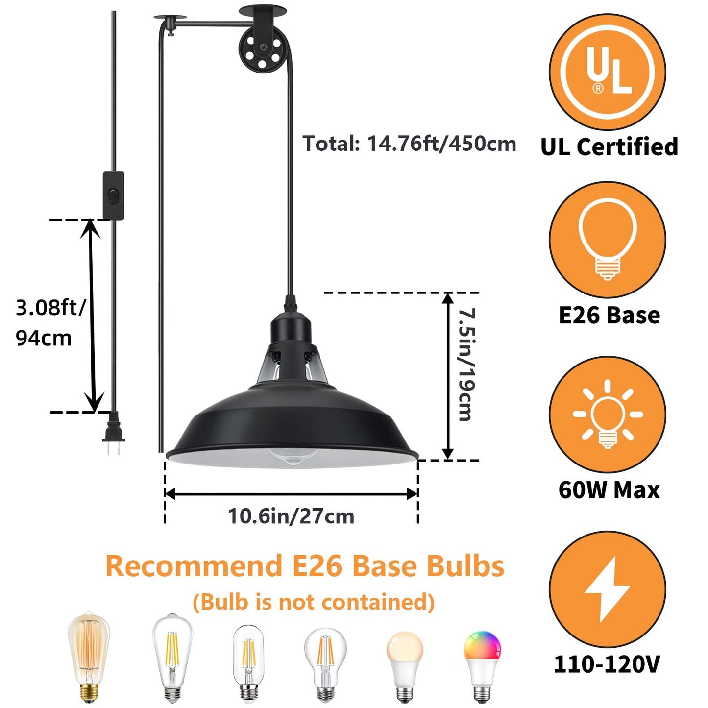 Lomoky Plug in Pulley Pendant Light with 14.76ft Cord On/Off Switch, Industrial Barn Black Hanging Lights with Plug in Cord, Pulley Wall Pendant Lamp for Kitchen Island, Pool Table, Bedroom, 1 Pack