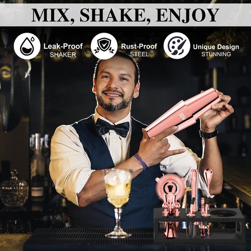 IOV Cocktail Shaker Set: 12-Piece Mixology Bartender Kit Bar Set | 18oz & 28oz Boston Shaker Drink Mixing Tools for Home with Recipe Booklet and Stand | Fun Housewarming Gift (Rose Gold)
