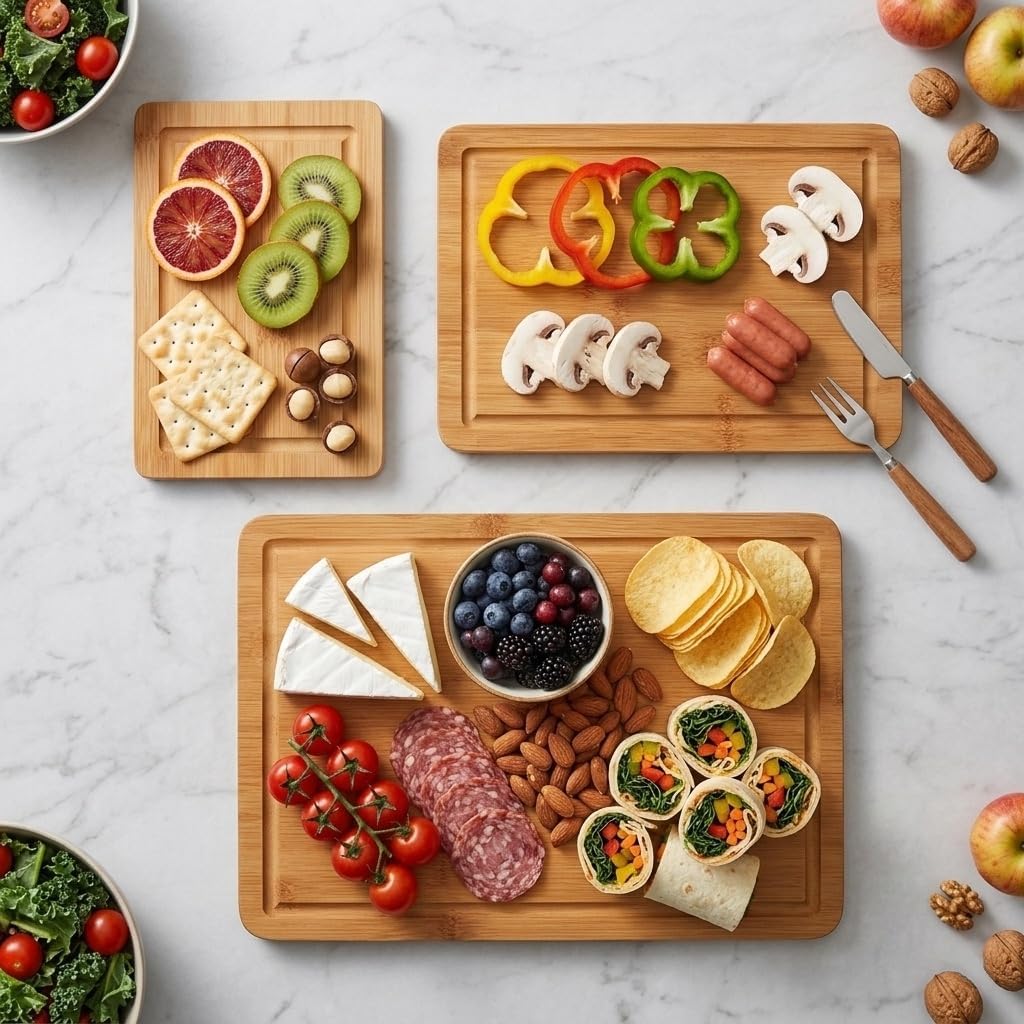 Skiennix 3-Piece Bamboo Cutting Board Set - Deep Juice Grooves & Easy-Grip Handles | Durable, Knife-Friendly Boards for Meat, Vegetables & Fruit