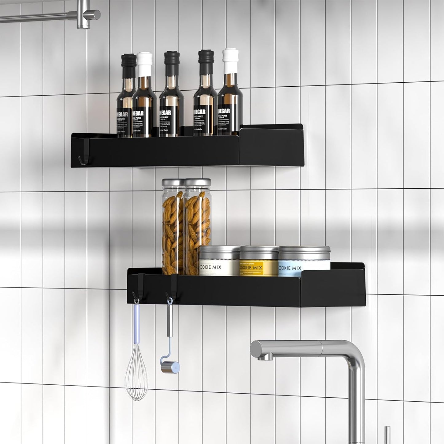 Wisfame Shower Caddy - Rustproof Adhesive Bathroom Shelves with 8 Hooks | Large Capacity, Black