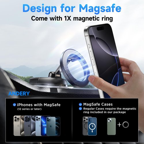 ANDERY Car Phone Holder - 360° Adjustable MagSafe Mount with Strong Suction | Fits iPhone 17-12 Pro Max Plus, Carbon Fiber