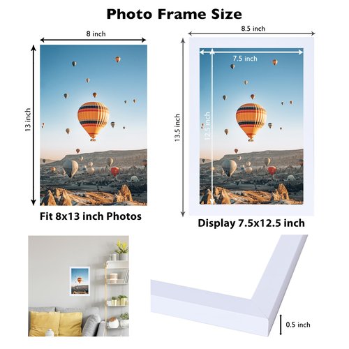 JCJMY 8x13 Picture Frame White for Wall Hanging or Tabletop, Wall Mounting Horizontally or Vertically, 8 x 13 Wall Gallery Poster Photo Frame with Shatter Resistant Plexiglass, White