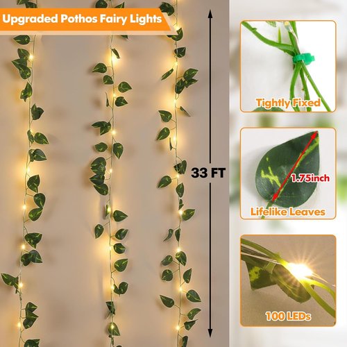 Lakumu Fairy Lights - 33ft 100 LED Rechargeable Pothos String Lights with Timer | Warm White for Bedroom, Garden, Party Decor