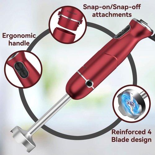 Immersion Blender 5 in 1 Hand Blender, Abuler 1000W Hand Mixer Stick,12 Speed Handheld Blender 304 Stainless Steel with 600ml Mixing Beaker, 500ml Chopper, Whisk and Milk Frother for Soup, Baby Food