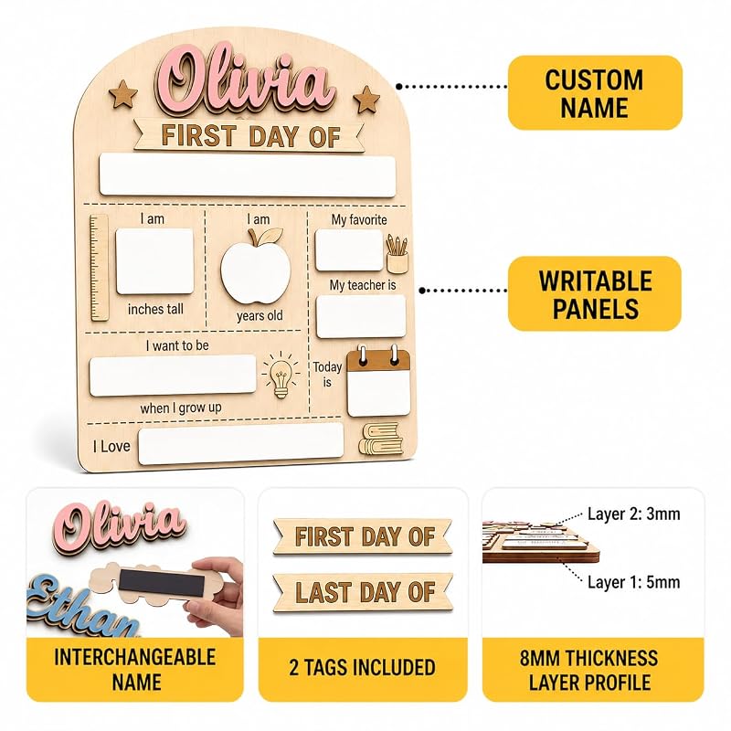 Personalized First Day of School Sign - Reusable Wooden Milestone Board, Pink Variation