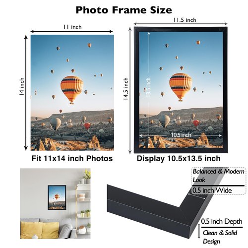JCJMY 11x14 Picture Frame Black for Wall Hanging, Wall Mounting Horizontally or Vertically, 11 x 14 Wall Gallery Poster Photo Frame with Shatter Resistant Plexiglass, Black