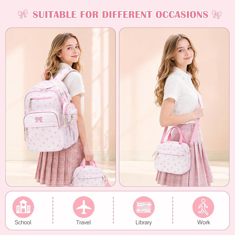 Corduroy Girls Backpack Set with Lunch Box & Pencil Pouch - Beigepink Bow (4-Piece)