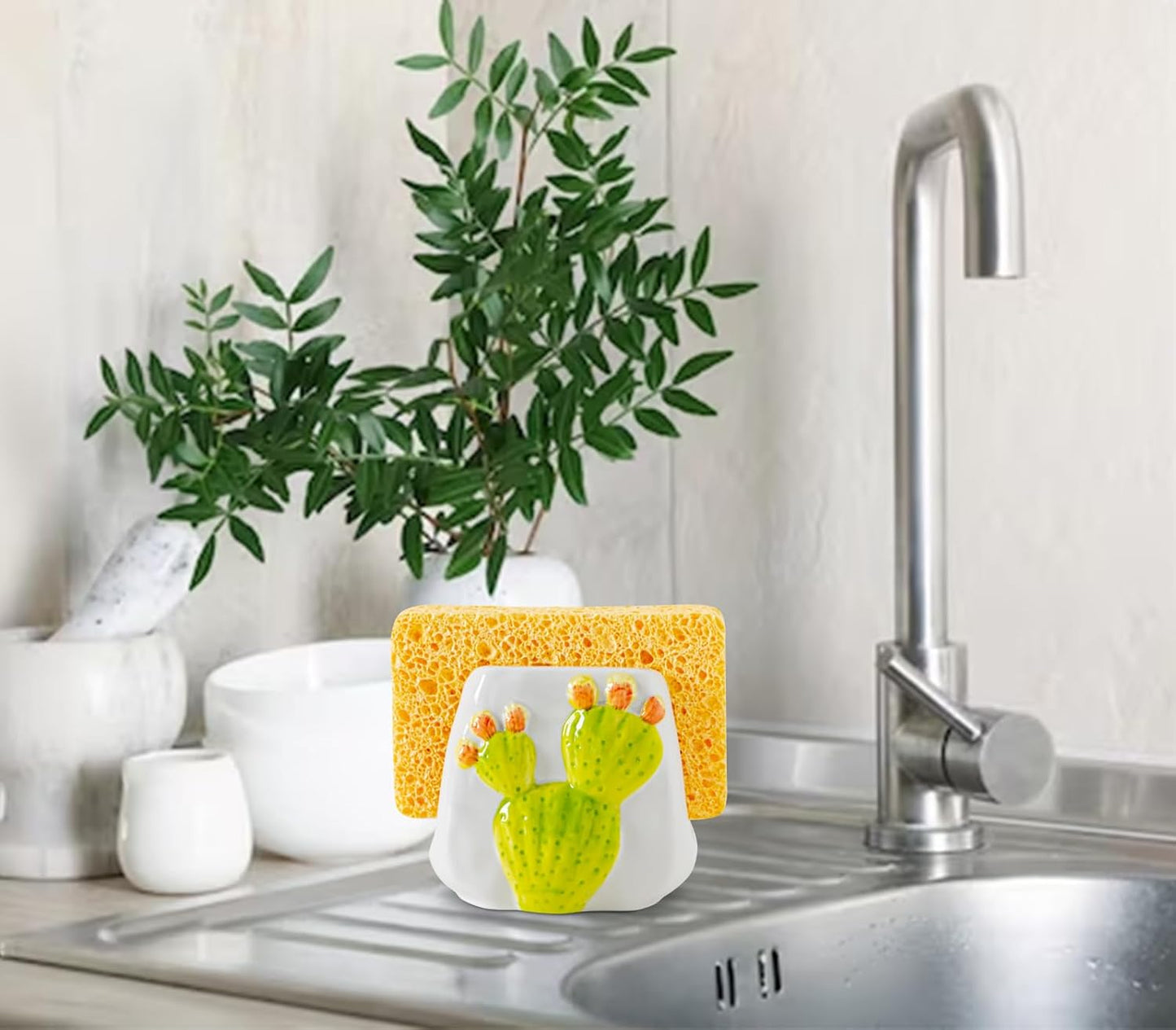 Skiennix Cactus Sponge Holder - Elegant White Ceramic Sink Caddy for Organized Kitchen