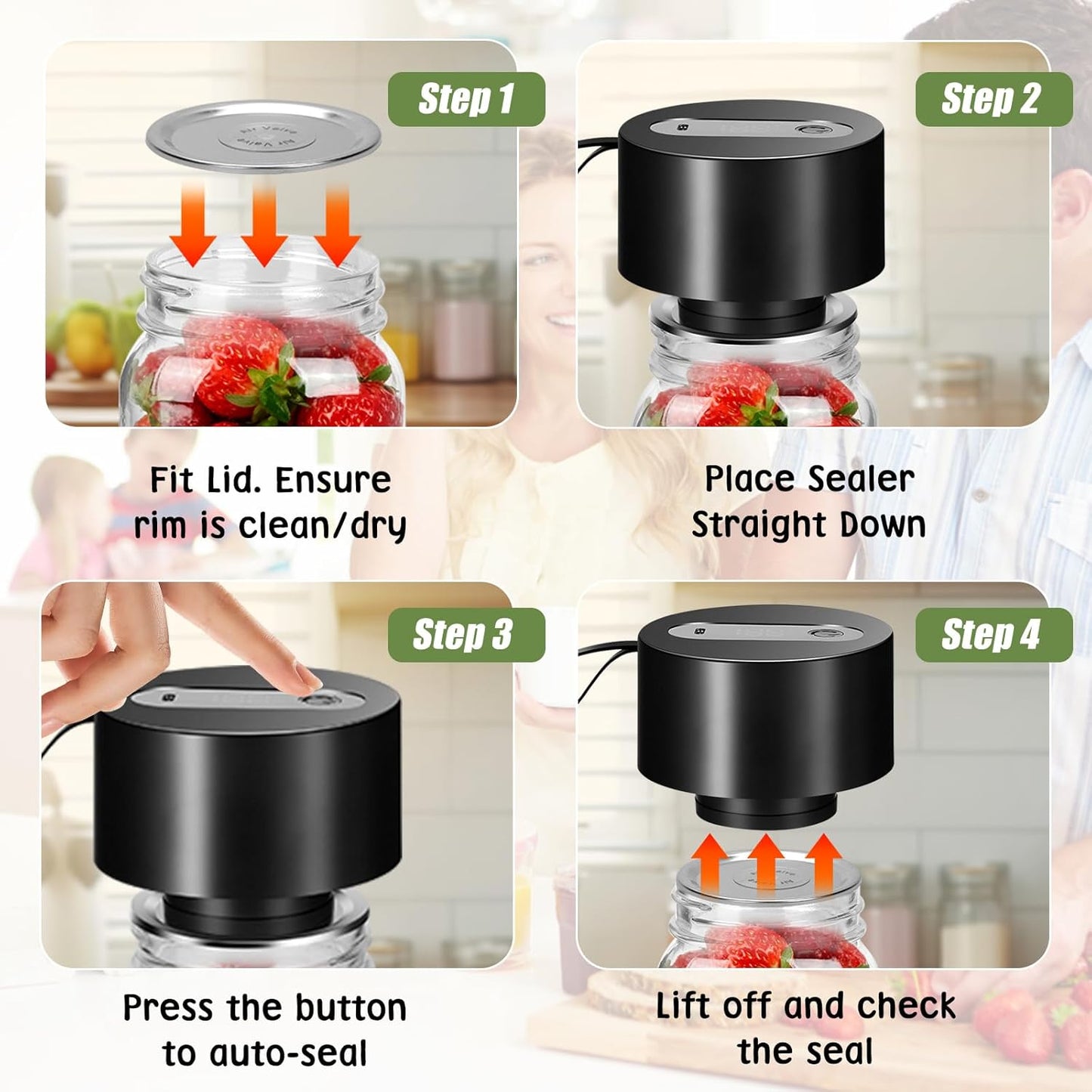 Skiennix Electric Mason Jar Vacuum Sealer Kit - Automatic Food Storage Sealing Machine | Cordless & Compatible with Wide/Regular Mouth Jars
