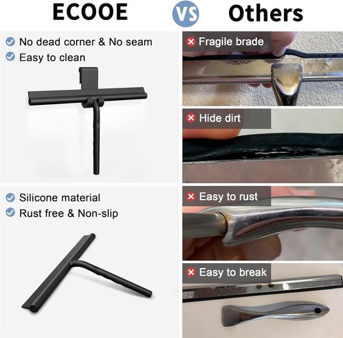 Ecooe Silicone Shower Squeegee - 11" Black Window Scraper with Stainless Steel Core for Glass Doors