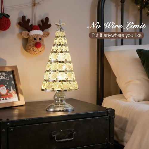 Lewondr Christmas Tree Lamp - 14 Inch Battery Powered Crystal Treetop Light | Handmade Glass Ornament in Silver