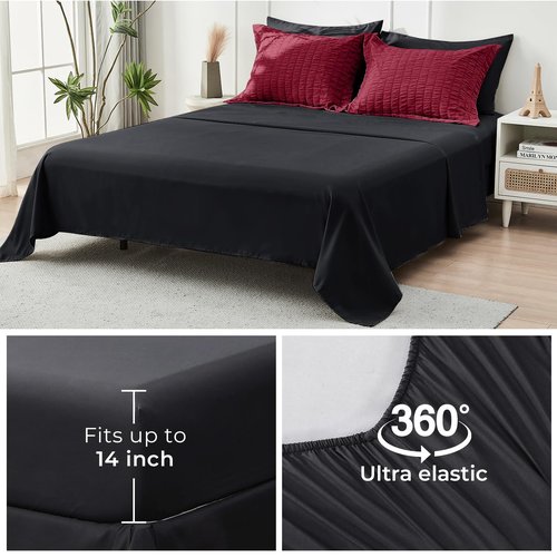 HYMOKEGE Red & Black Queen Comforter Set Seersucker 7 Pieces, All Season Luxury Bed in a Bag for Bedroom, Bedding Set with Comforters, Sheets, Pillowcases & Shams