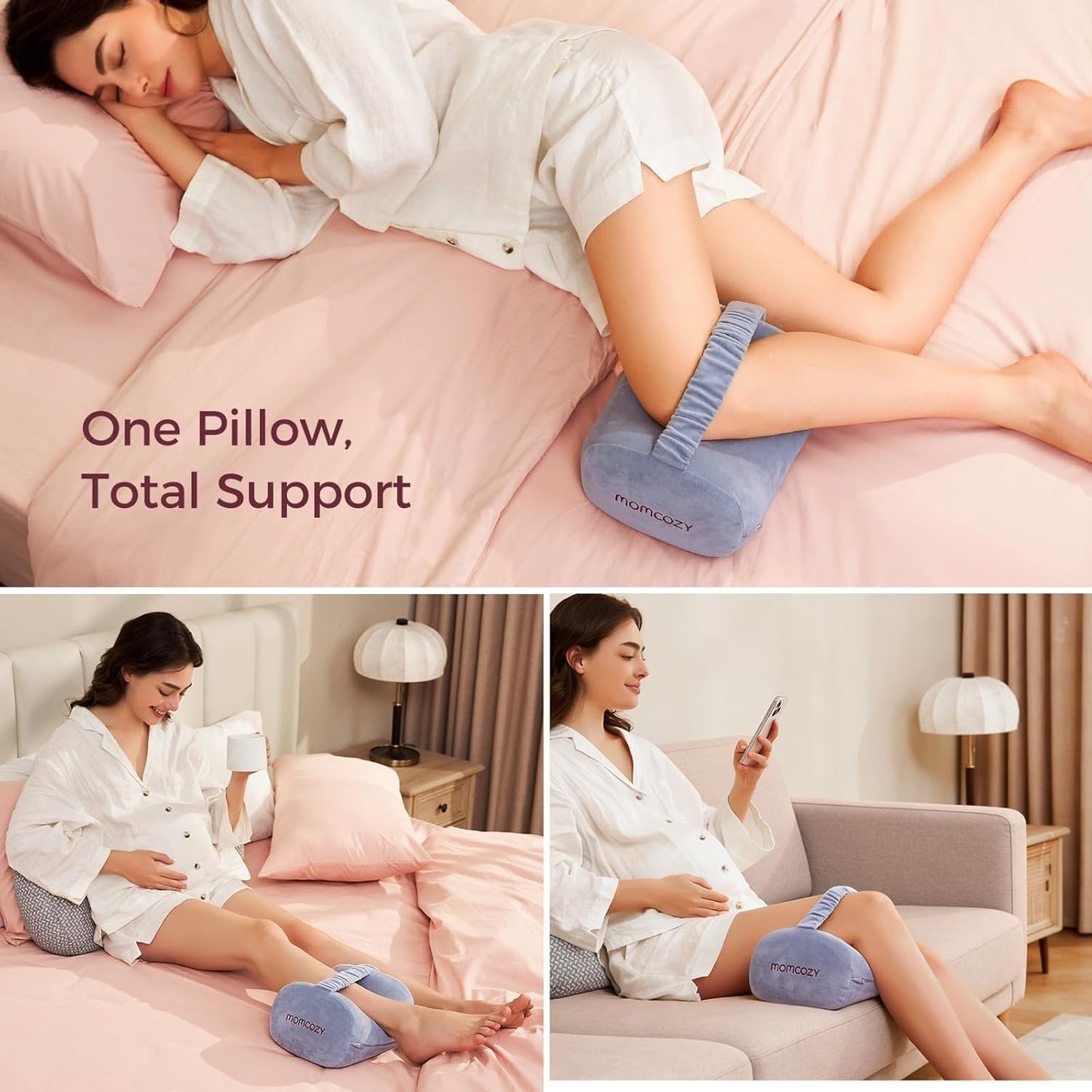 Momcozy Knee Pillow - Soft Memory Foam for Side Sleepers | Adjustable Elastic Strap, Gray Crystal Velvet