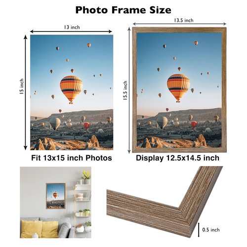 JCJMY 13x15 Picture Frame Rustic Brown for Wall Hanging, Wall Mounting Horizontally or Vertically, 13 x 15 Wall Gallery Poster Photo Frame with Shatter Resistant Plexiglass, Rustic Brown
