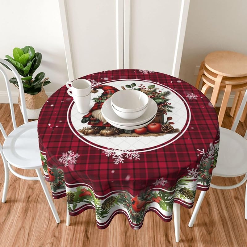 Christmas Bird Gnome Round Tablecloth 60 Inch - Red Plaid, Washable