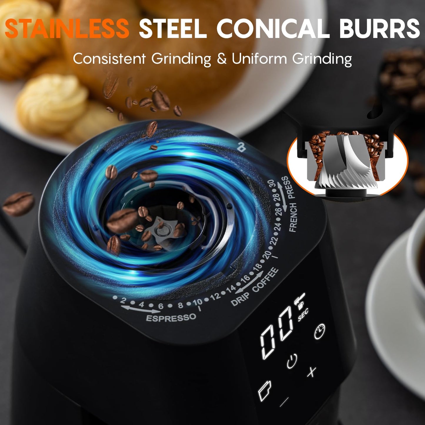 Ollygrin Conical Burr Coffee Grinder Electric Coffee Bean Grinder with Digital Timer 30 Precise Grind Settings Adjustable Burr Mill Grinder for 2-12 Cups Espresso Drip and French Press