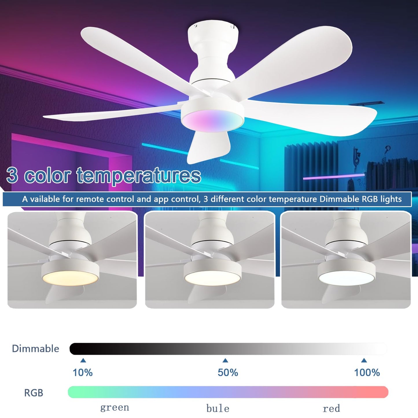 NKPU 42 Inch Ceiling Fans with Lights and Remote/App Control, Flush Mount Ceiling Fan with RGB Dimmable Light, Noiseless Modern White Small Ceiling Fan for Bedroom Indoor/Outdoor