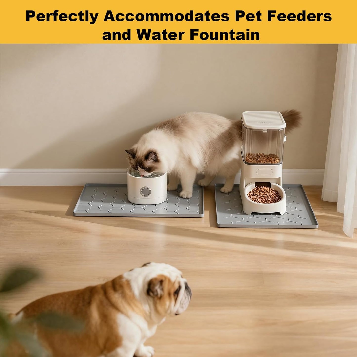 Pieviev Dog & Cat Food Bowl Mat - Silicone Waterproof, Non-Slip Design, 16''x12'', Light Gray