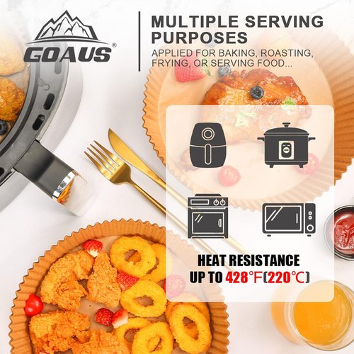 GOAUS Air Fryer Disposable Round Paper Liners - 125 Pcs Extra Large, 9 Inch Unbleached Non-Stick Parchment