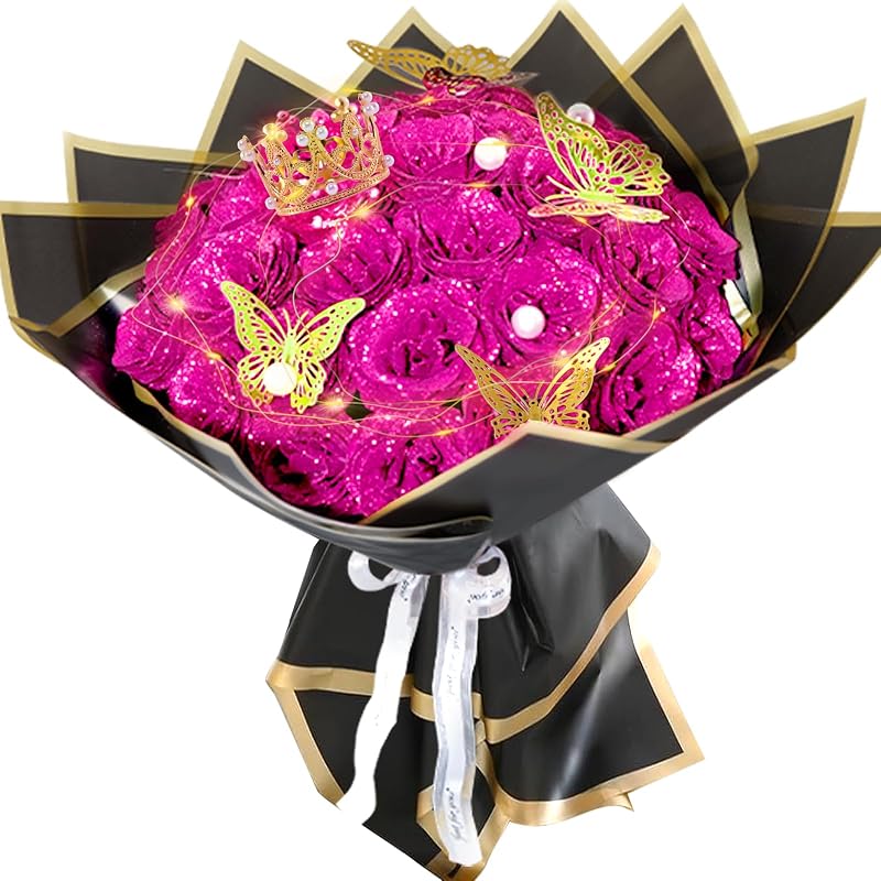 Dark Pink Glitter Roses Bouquet 36 Pcs – DIY Glitter Rose Kit with Stems & Ribbon